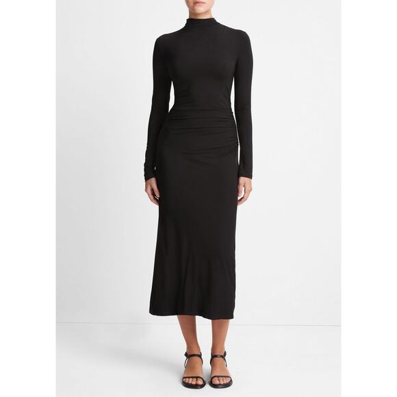 VINCE Black Ruched Long-Sleeve Turtleneck Dress XXS New! - Picture 1 of 12